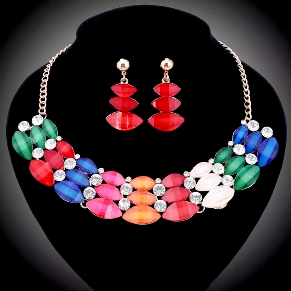 18K gold plated crystal rainbow double stacked necklace earrings set. - Picture 10 of 11